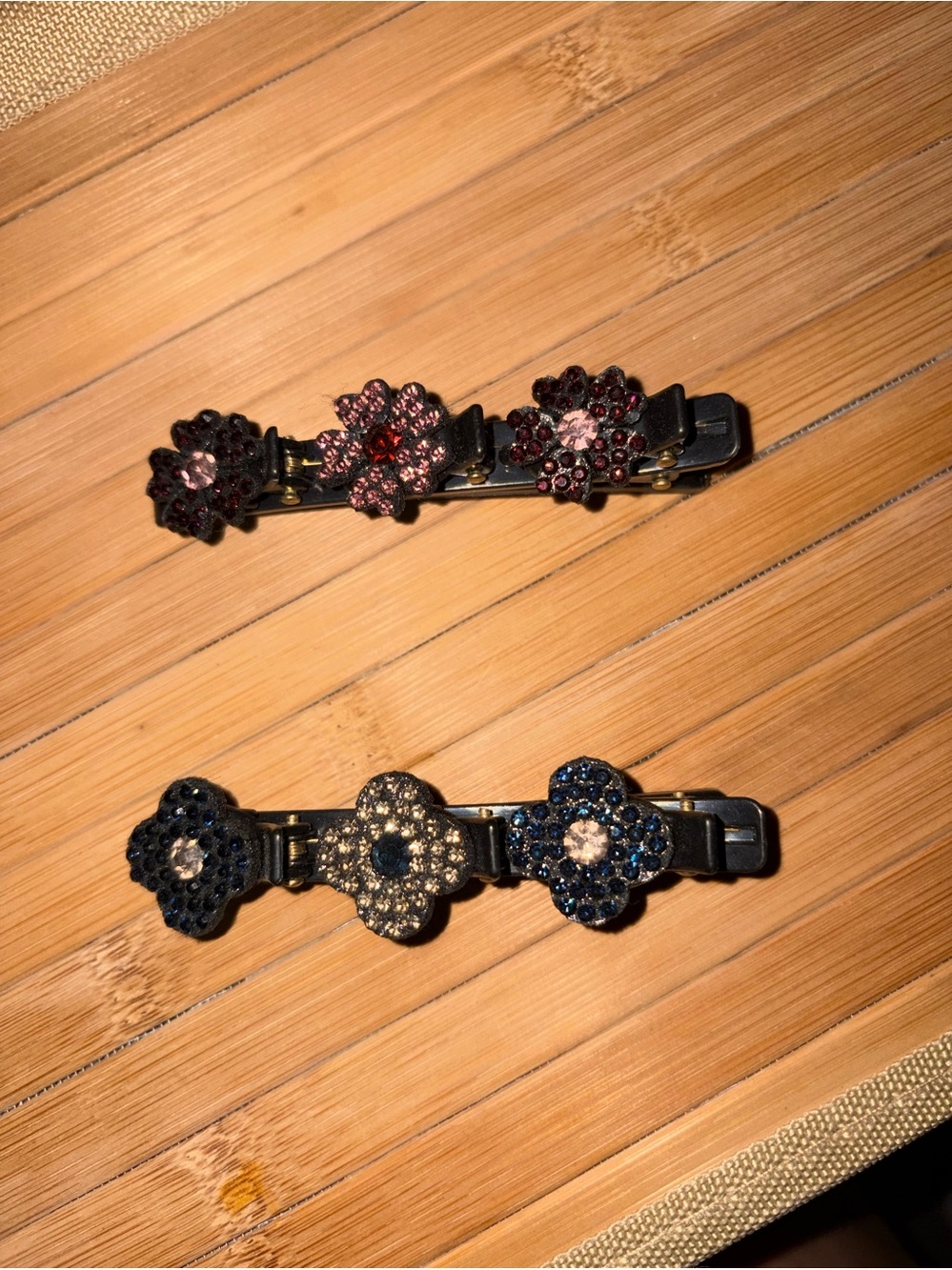 Rhinestone Flower Barrette Pair - Black with Red, Blue & Clear Accents